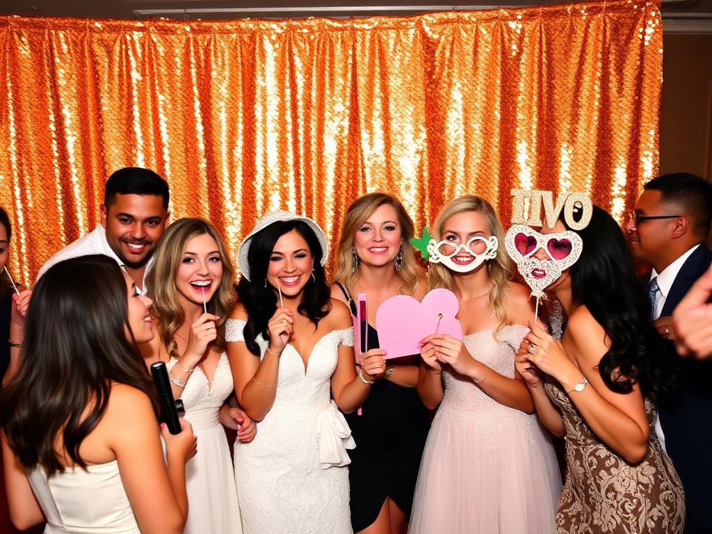 Bruiloftsgasten met props bij gouden photobooth-achtergrond