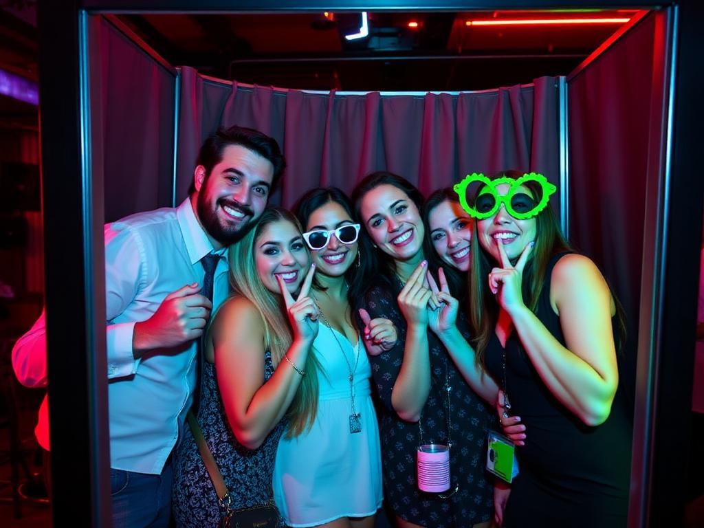 Vrienden poseren in een photobooth bij een bedrijfsfeest